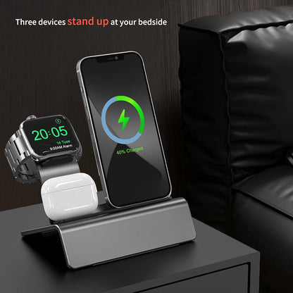 Aluminum Charging Stand for Apple Device 3 in 1 Charger Stand Holder Compatible with Magsafe Charger Iwatch Charger Airpods Pro/2/1 and Iphone Stand Holder(Charger & Cable Required)-Space Gray