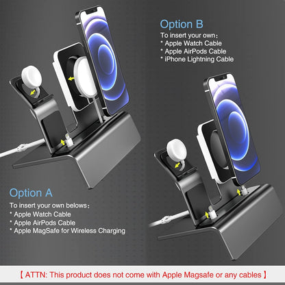 Aluminum Charging Stand for Apple Device 3 in 1 Charger Stand Holder Compatible with Magsafe Charger Iwatch Charger Airpods Pro/2/1 and Iphone Stand Holder(Charger & Cable Required)-Space Gray